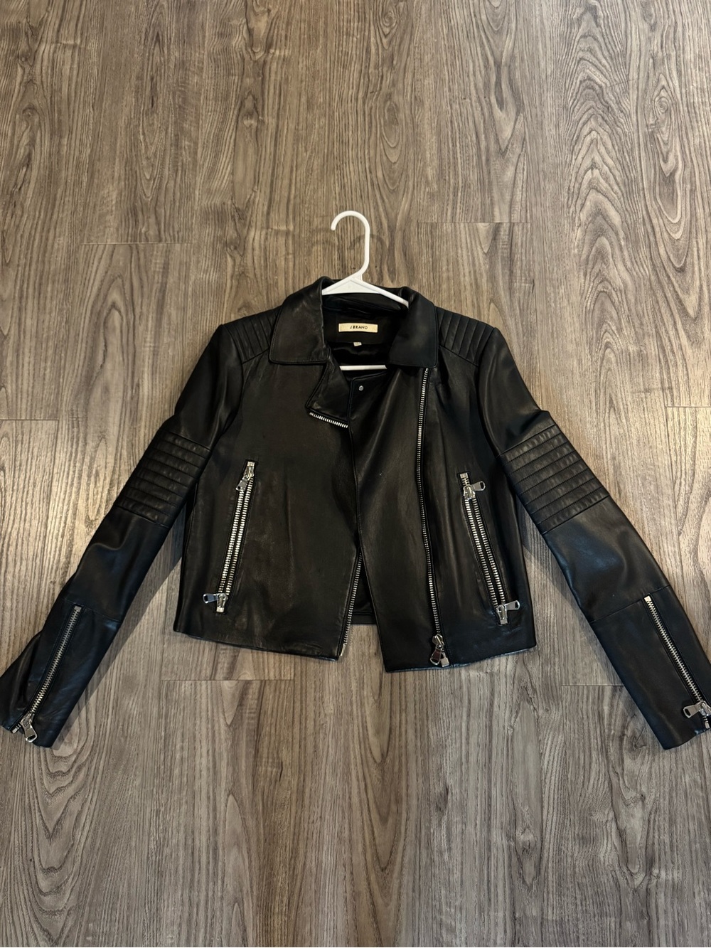 J Brand Black Leather Quilted-Sleeve Moto Jacket